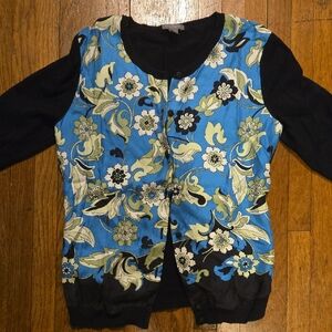 Ann Taylor Petites Navy Floral Satin And Knit Cardigan Petite XS